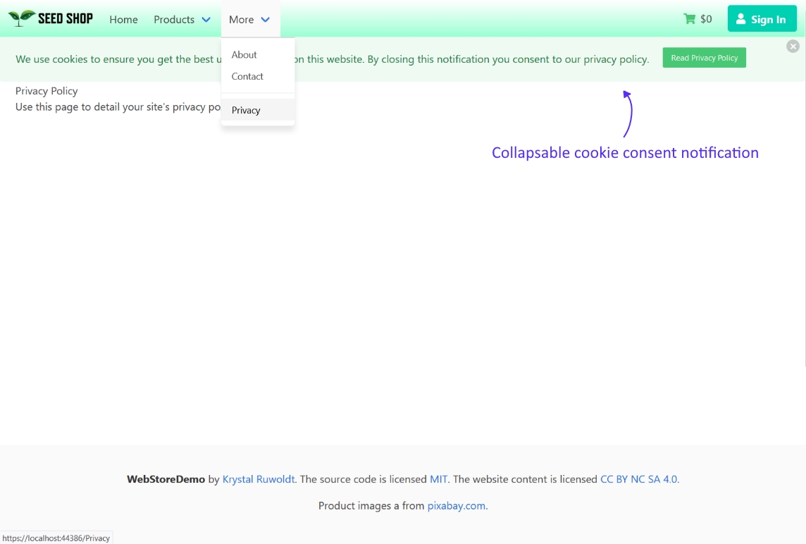 Collapsable cookie consent notification persists across site until user consents