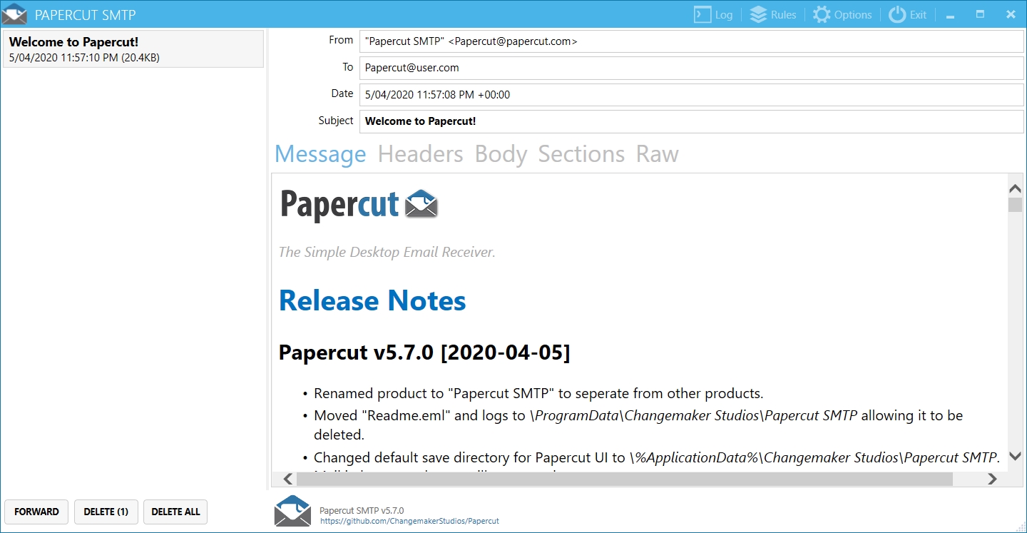 PapercutSMTP User Interface
